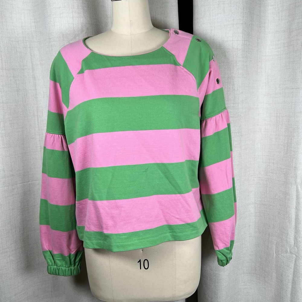NEW Maeve Anthropologie Rugby Pink Green Striped French Terry Sweatshirt Medium